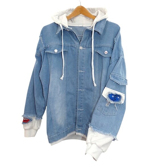 Anime Denim Hoodie Jacket Blue XL Fits M/L Streetwear Grunge Layered Look - Picture 1 of 9